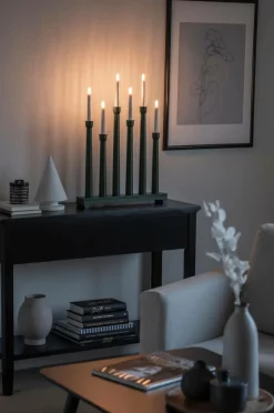 Julbelysning|Jotex Elljusstake 6 Ljus Trä 59cm Grön